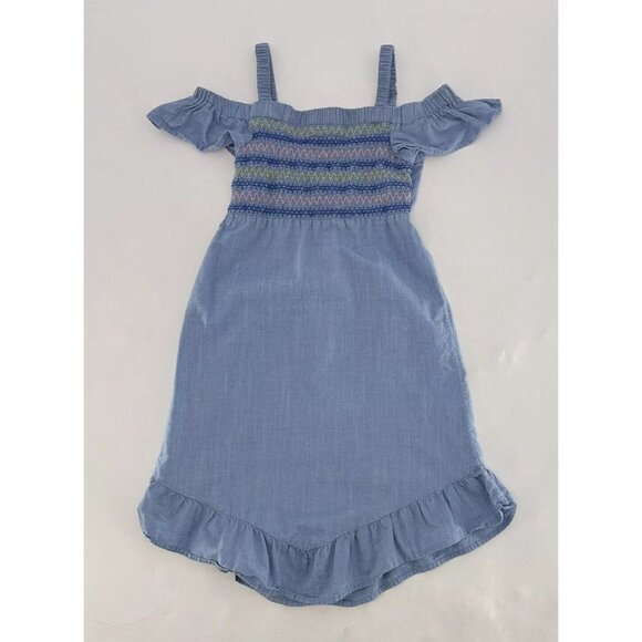 Wonder Nation Smocked Chambray Cold Shoulder Blue Dress Size 7-8 Boho Ruffles - Picture 2 of 5